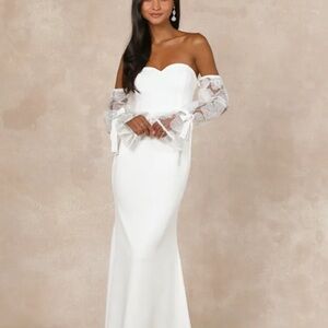 Lulu's White Off-Shoulder Lace Wedding Dress